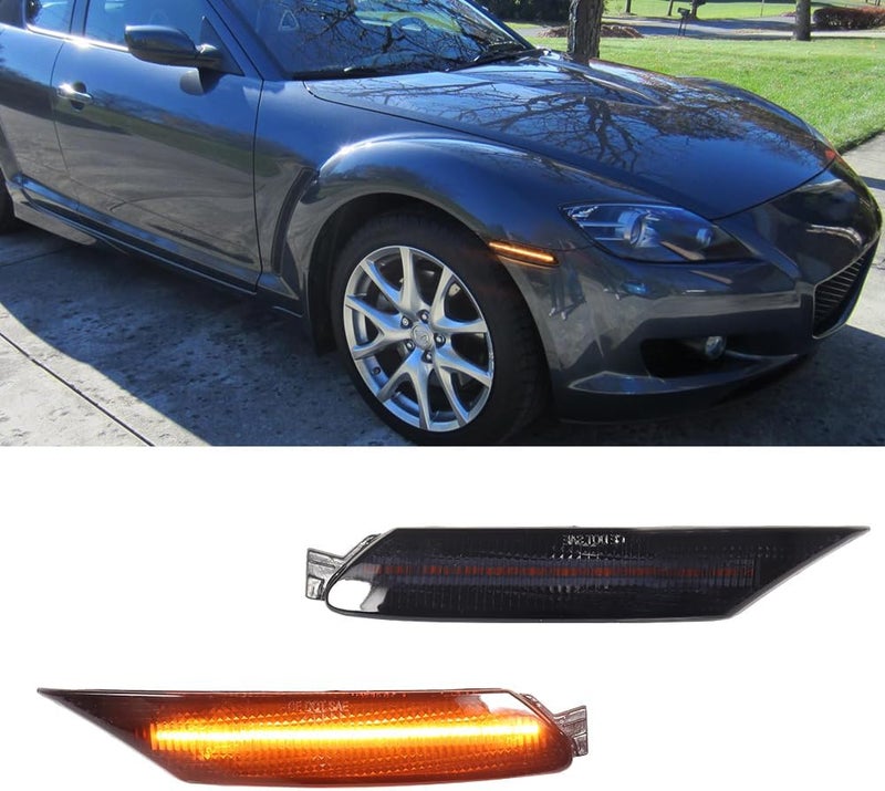TurningMax For 2004 2005 2006 2007 2008 Mazda RX-8 RX8 Front Bumper Side Marker lights Smoked Lens Amber LED F151-51-120E, F151-51-130E - Image 1